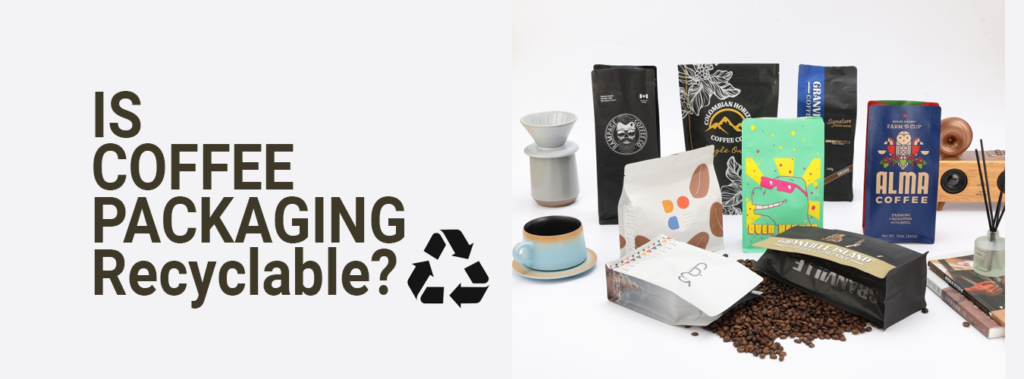 Coffee packaging displayed with recycling symbols, highlighting the importance of recycling coffee materials.