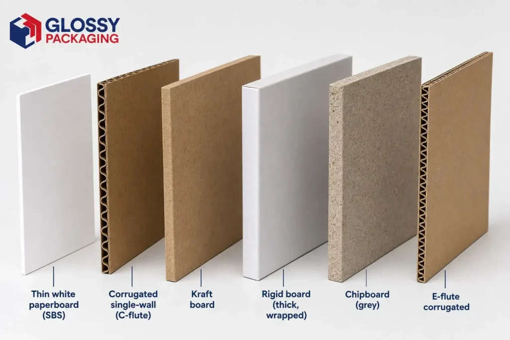 Image displays various types of cardboard materials, showcasing their textures and colors for comparison.