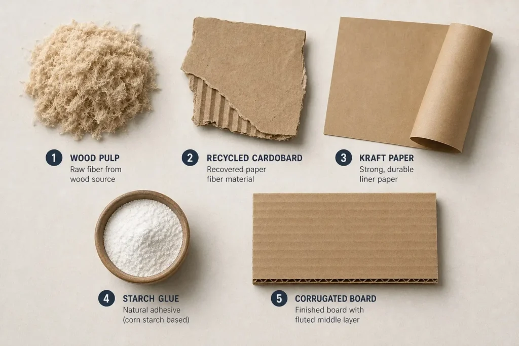 Various materials displayed for constructing cardboard boxes, featuring paper towel rolls and flat cardboard pieces.