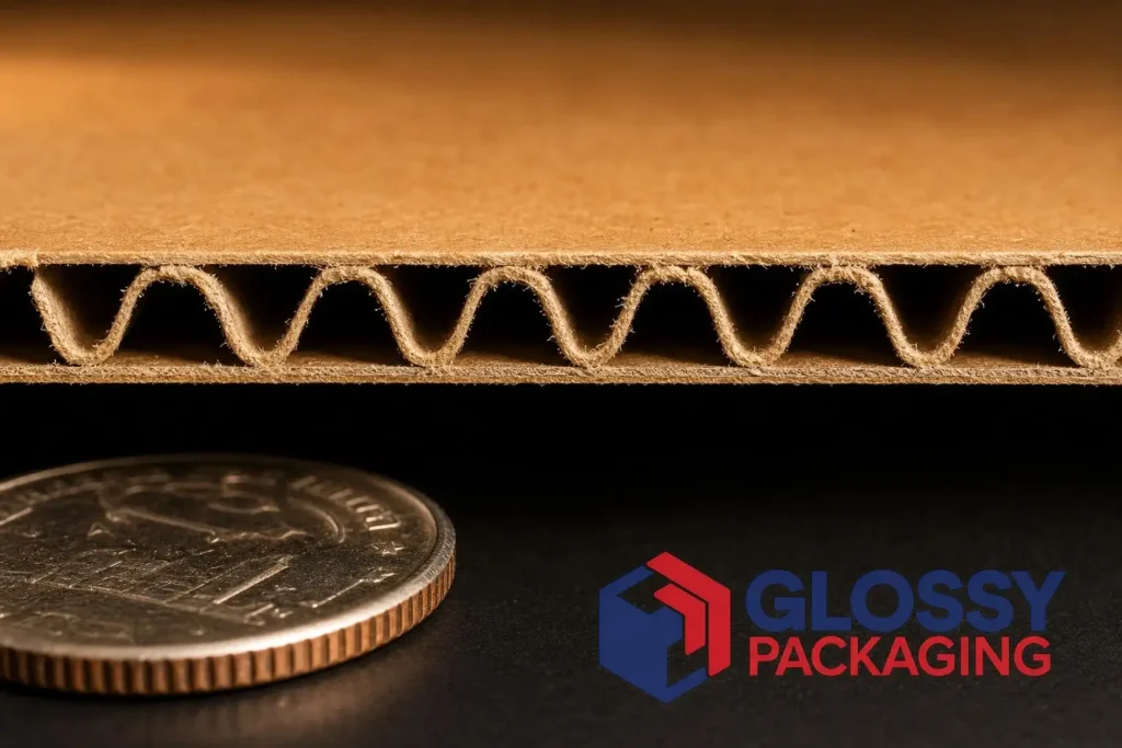 Detailed view of corrugated cardboard layers, illustrating its structure for durable glossy packaging boxes